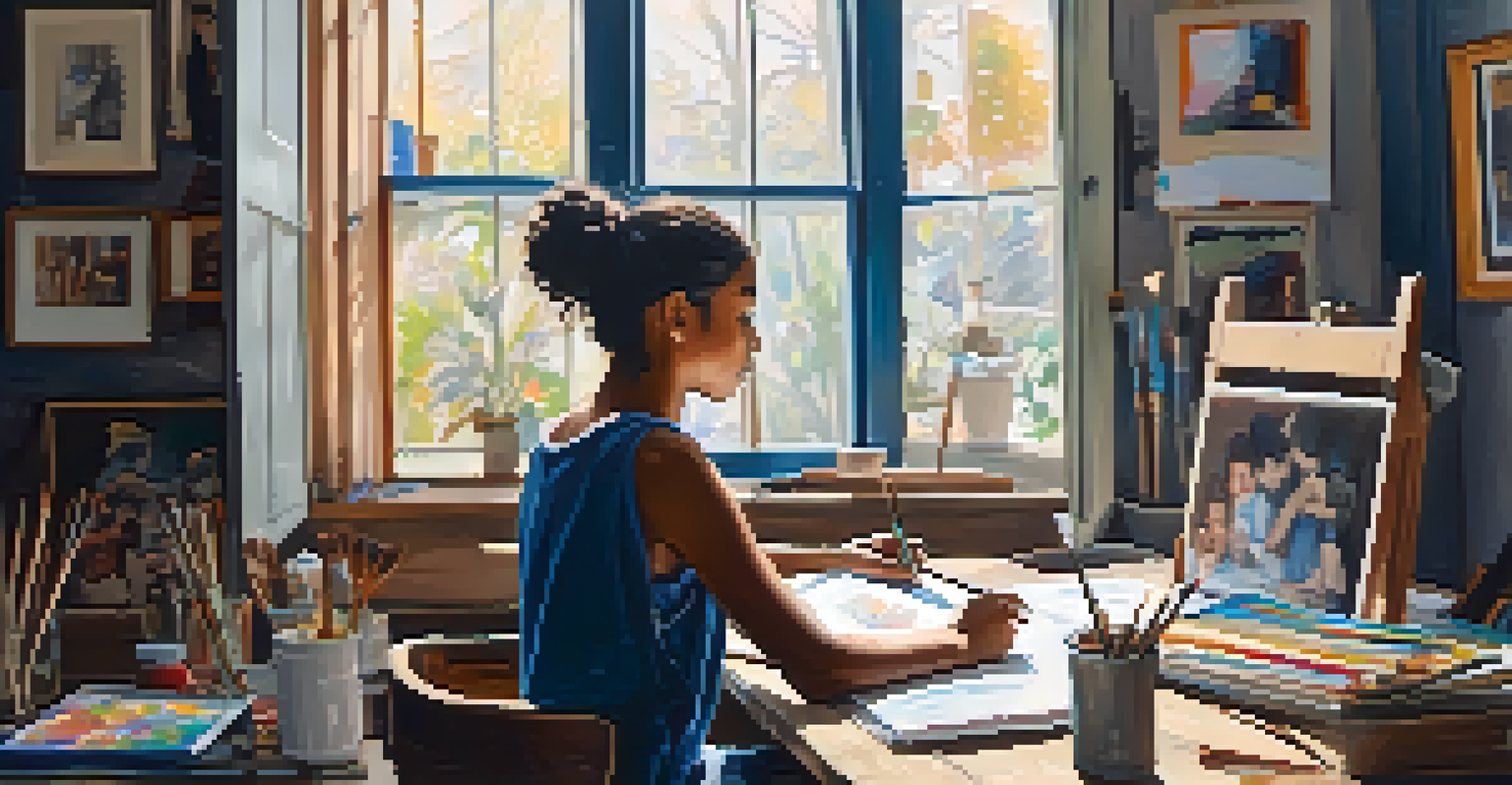 A young artist in a cozy studio surrounded by canvases on social justice, illuminated by soft light from a window.