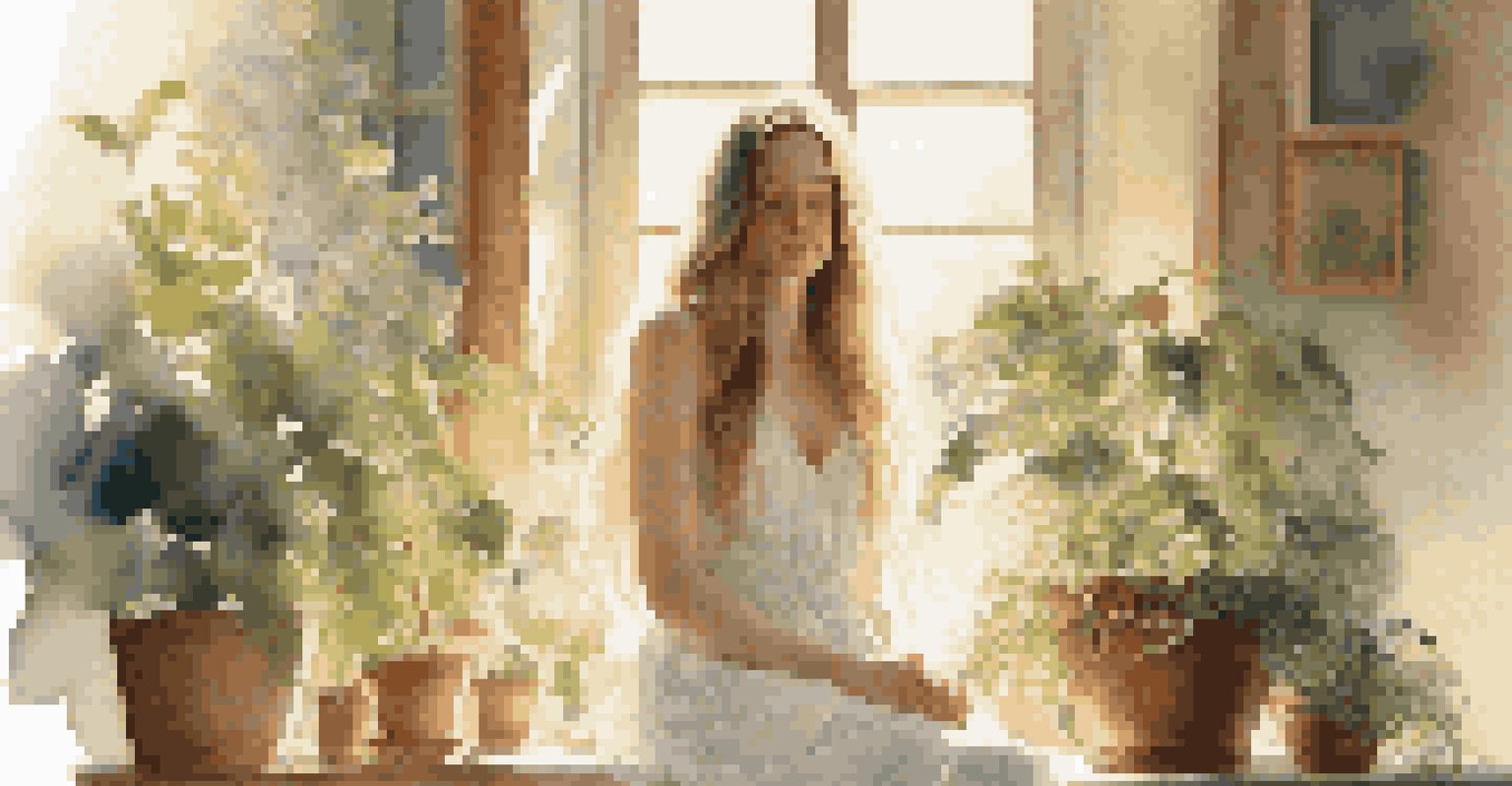 A young woman in a sunlit room, surrounded by houseplants, with a serene expression and wearing a white dress.
