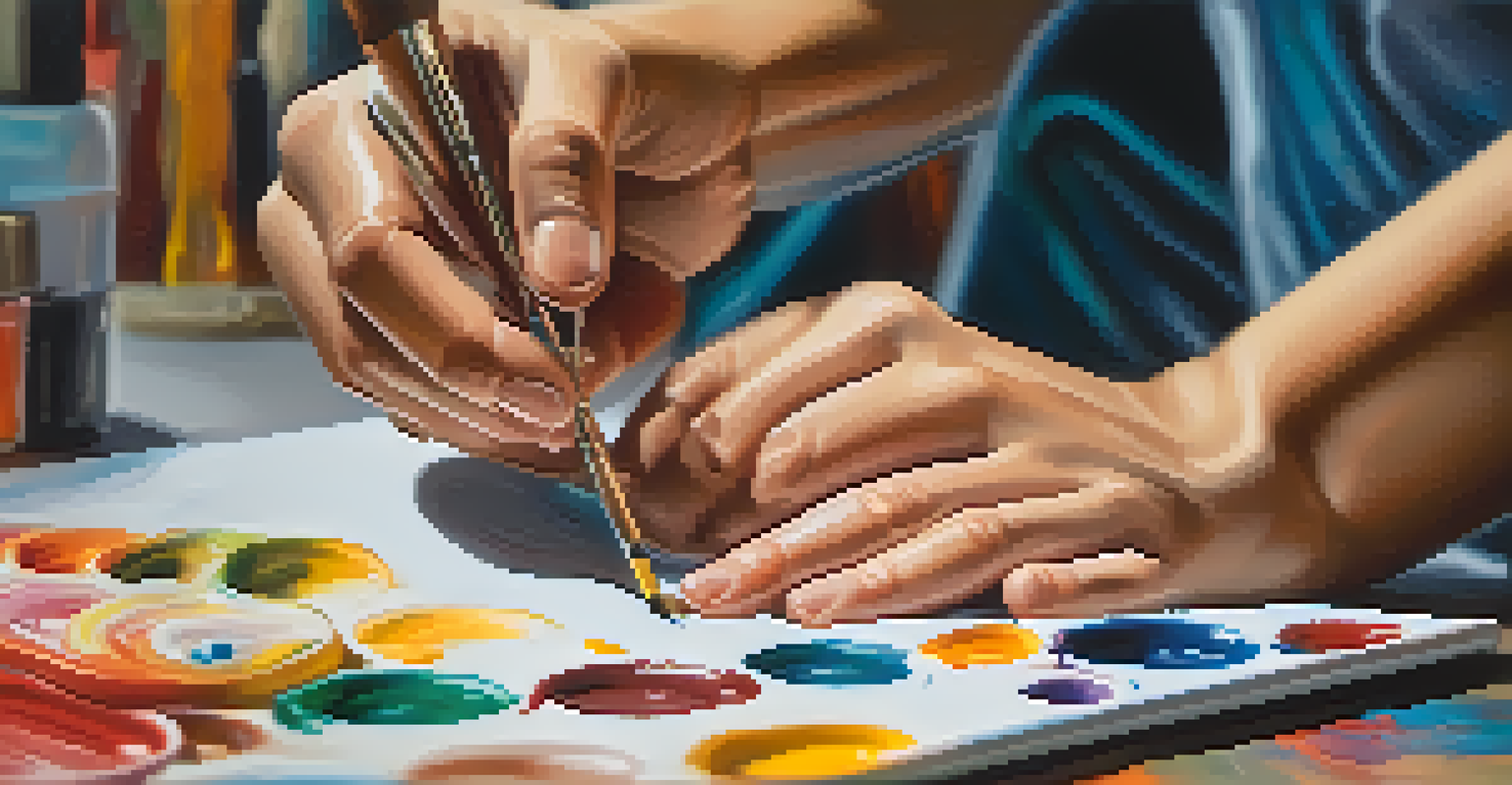 An artist's hands painting on a canvas with vibrant colors, with a blurred background of artworks.