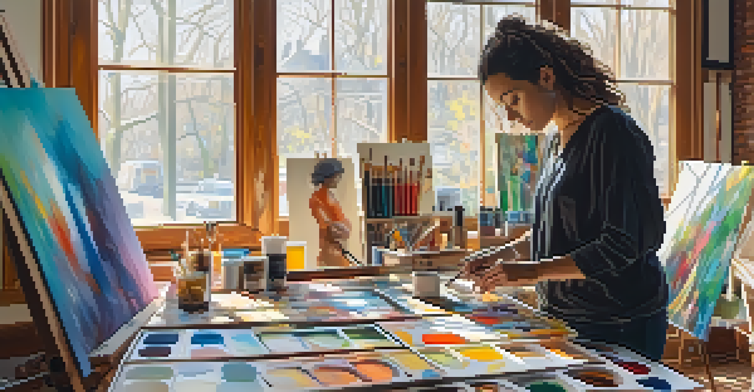 An artist in a bright studio creating a large abstract painting, with canvases and art supplies around them.