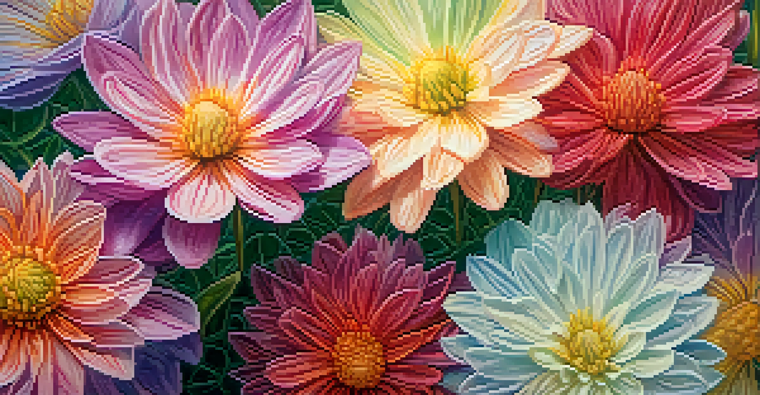 A detailed close-up of a colorful pastel painting of flowers in a garden.