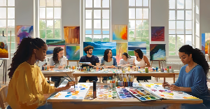 A diverse group of people engaged in an art therapy workshop, painting on canvases with bright colors in a well-lit room.