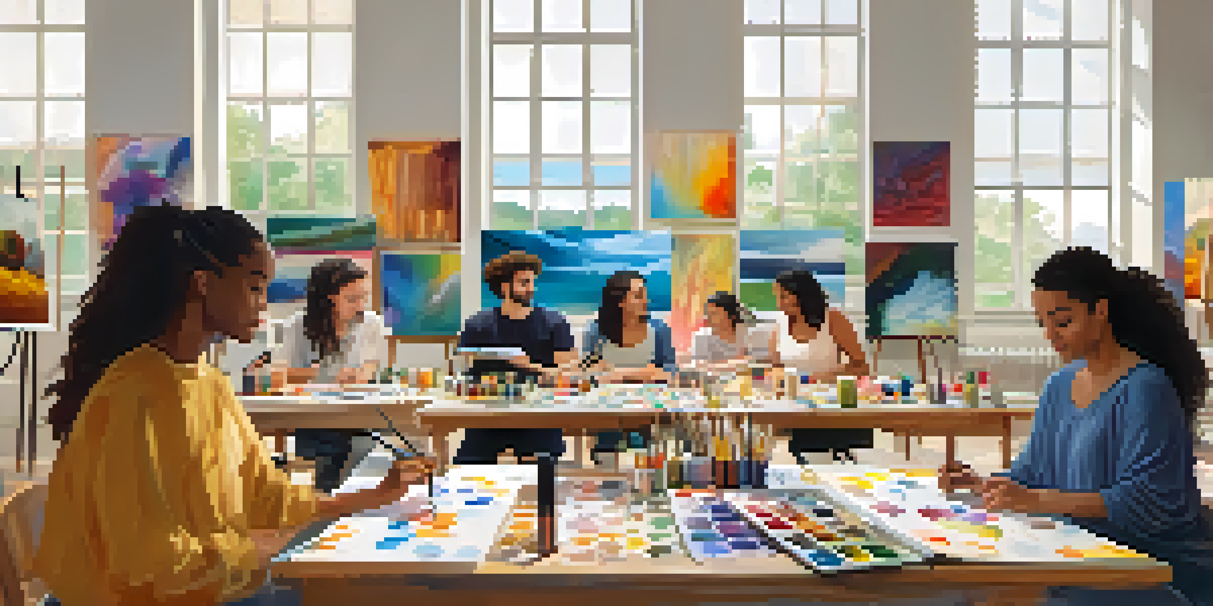 A diverse group of people engaged in an art therapy workshop, painting on canvases with bright colors in a well-lit room.