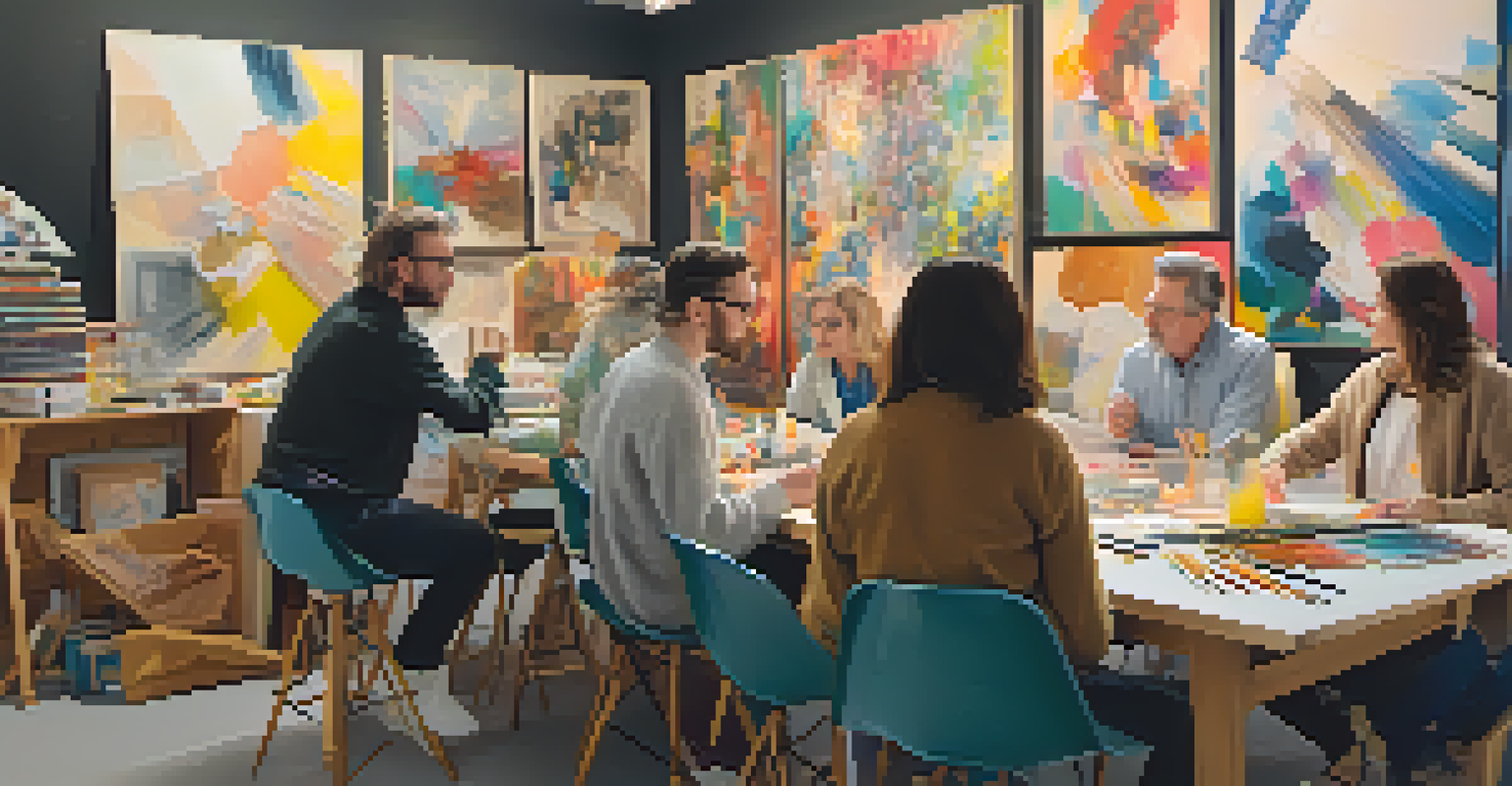 A group of artists discussing their work around a table filled with art supplies, surrounded by colorful abstract paintings.