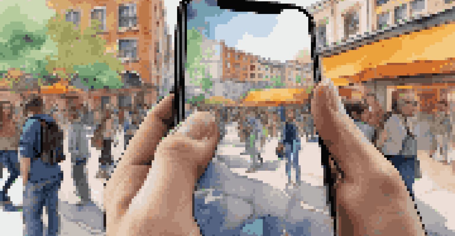 A smartphone showing an augmented reality art installation, with vibrant colors and interactive features, surrounded by people engaging with their devices.
