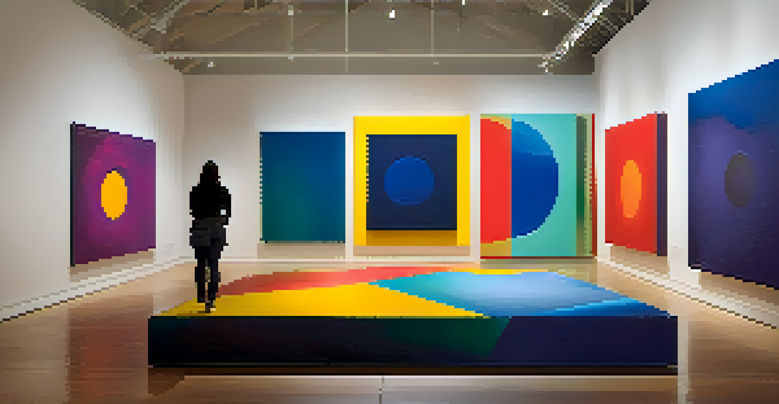An abstract modern art installation in a gallery, featuring vibrant colors and geometric shapes with dramatic lighting and engaged viewers.
