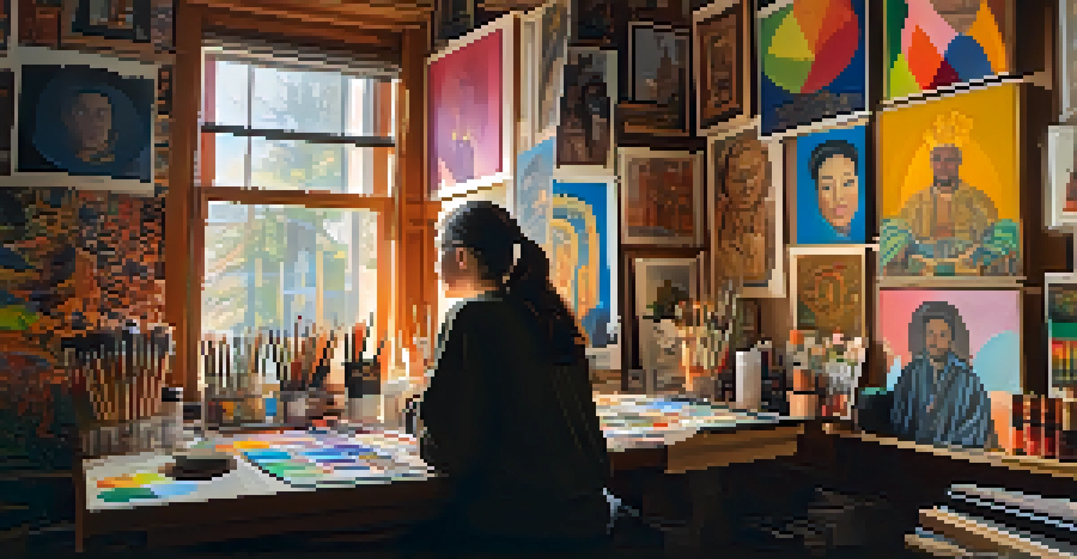 An artist in a studio painting a mural, surrounded by colorful canvases and art supplies, with warm light streaming in through a window.