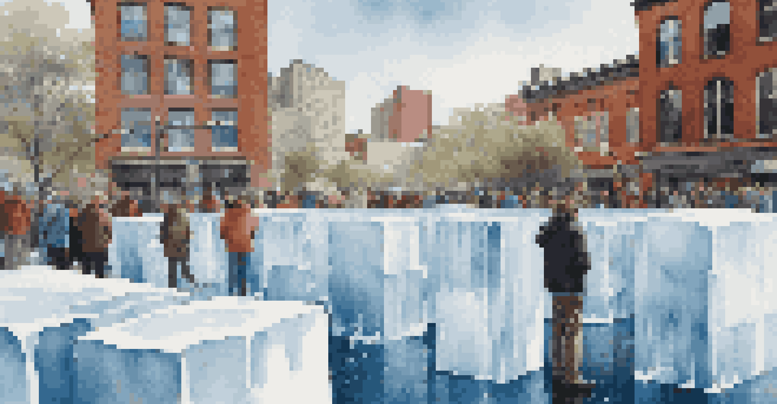 Large melting ice blocks in an urban plaza, with people observing and city buildings in the background.