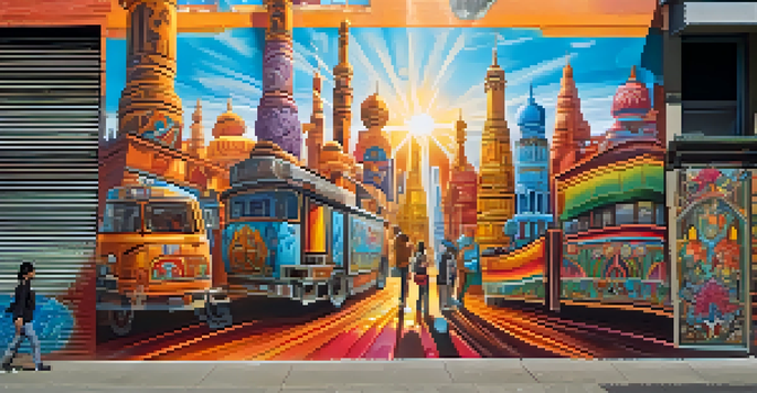A colorful street art mural blending Eastern and Western styles, with people admiring the artwork in an urban setting.