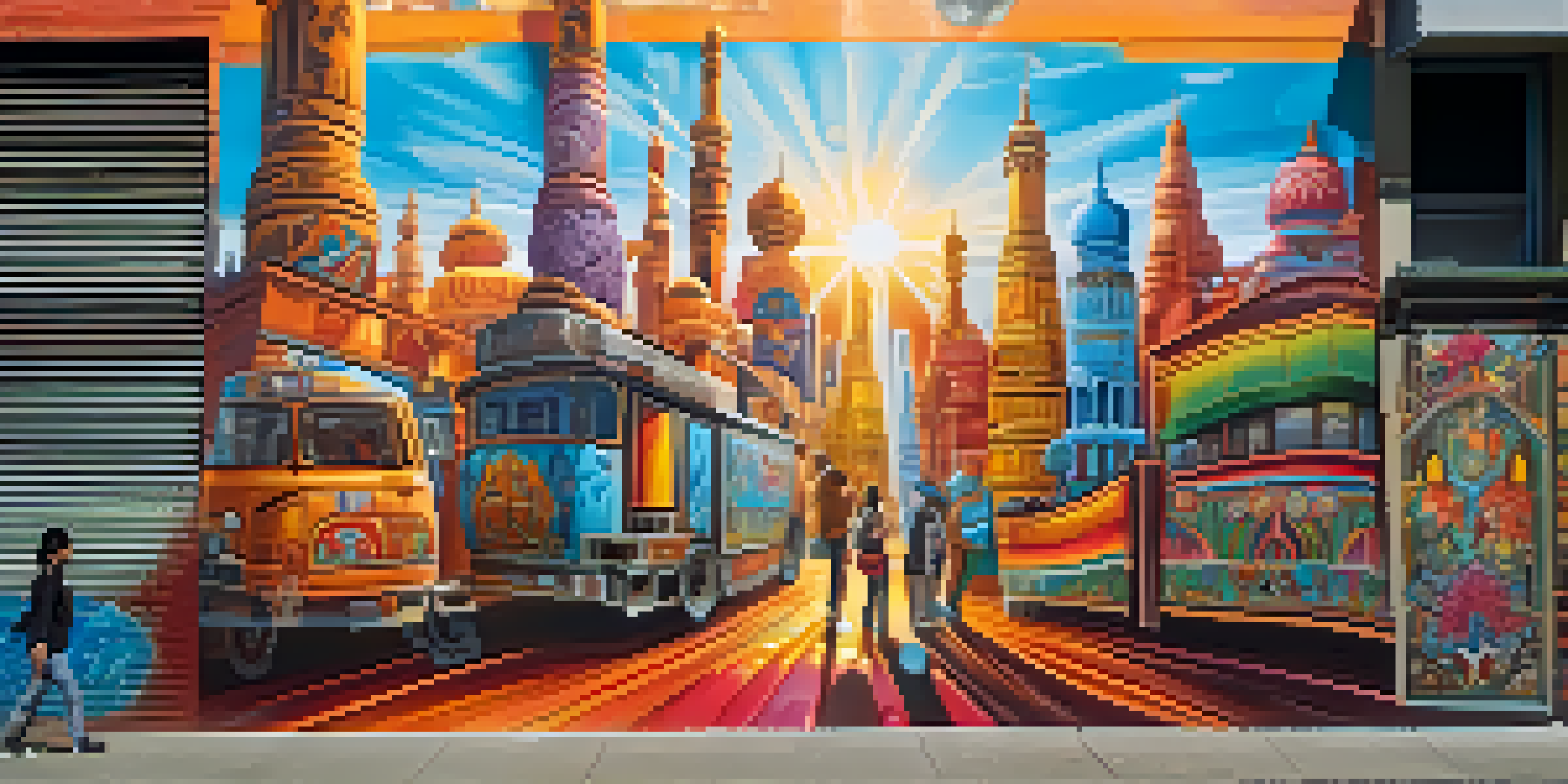 A colorful street art mural blending Eastern and Western styles, with people admiring the artwork in an urban setting.