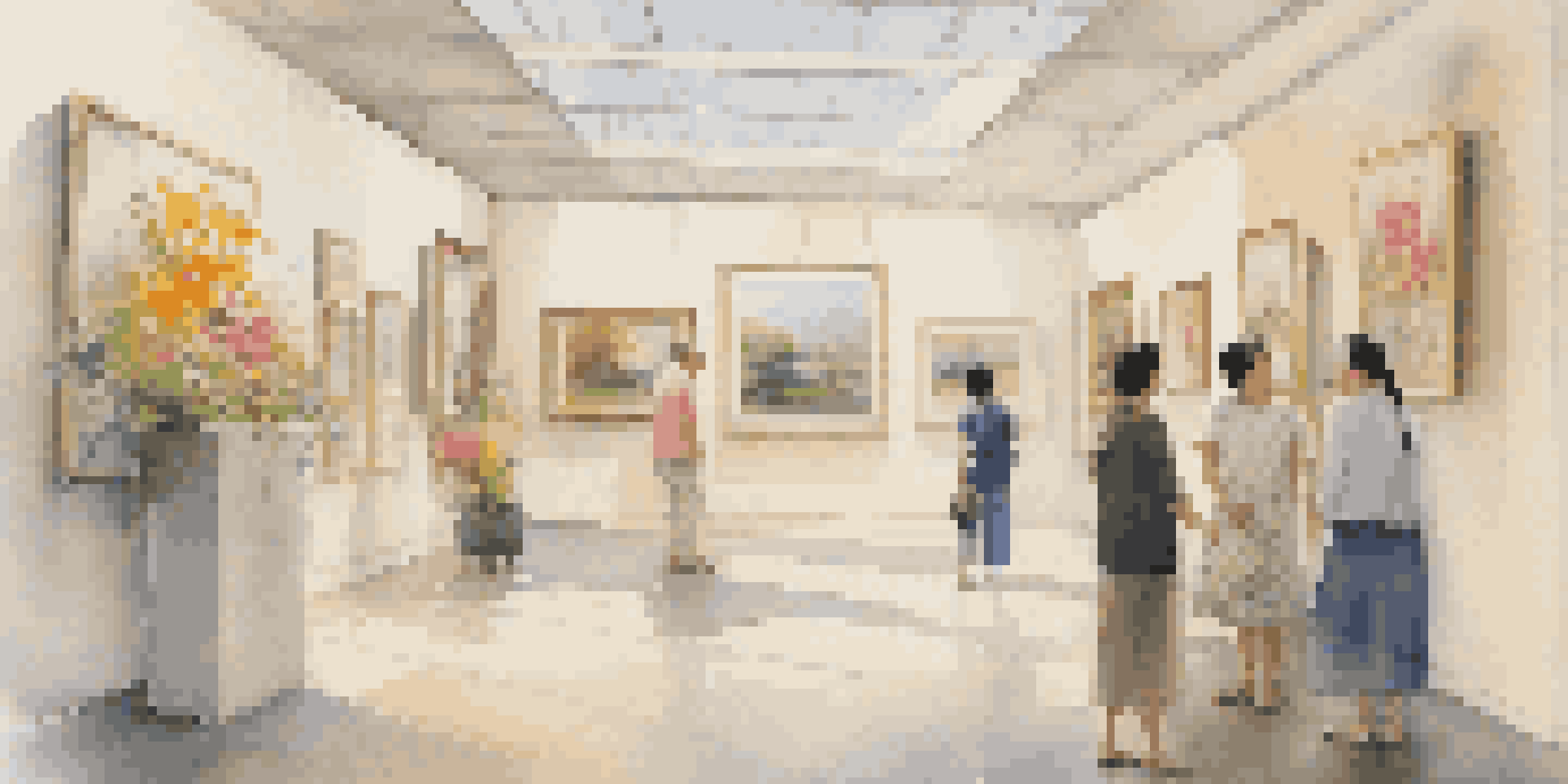 A tranquil art gallery with vibrant paintings, illuminated by natural light, and visitors enjoying the atmosphere enriched by the scent of flowers.