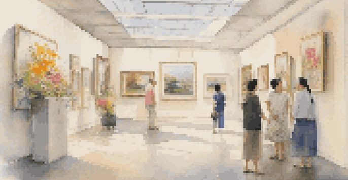 A tranquil art gallery with vibrant paintings, illuminated by natural light, and visitors enjoying the atmosphere enriched by the scent of flowers.
