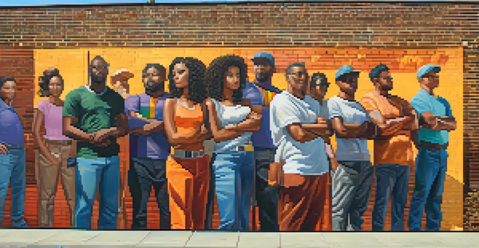 A colorful mural showing diverse individuals standing together, symbolizing unity and justice, with a bright urban background.