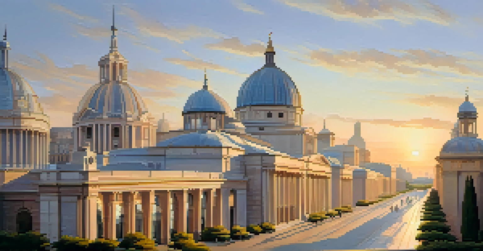 A modern city skyline featuring buildings with classical Renaissance architectural elements, illuminated by sunset light.