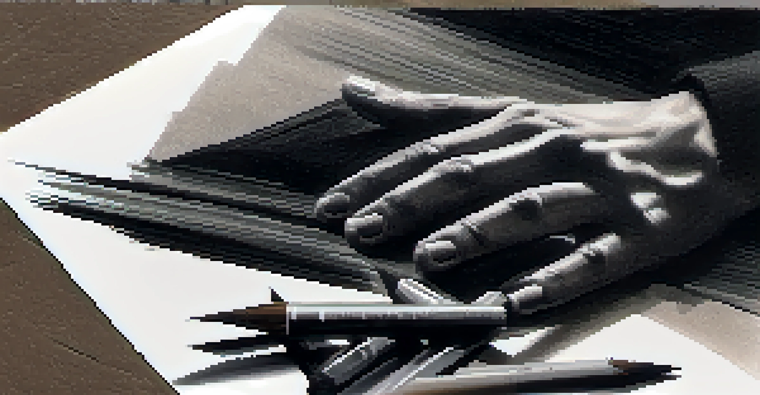 A close-up of an artist's hand drawing with charcoal on textured paper, showing bold strokes and blending techniques.