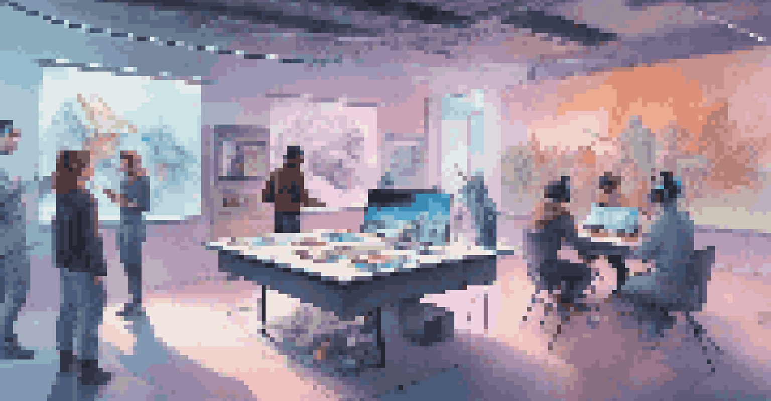Artists collaborating in a high-tech VR studio, creating holographic art pieces.