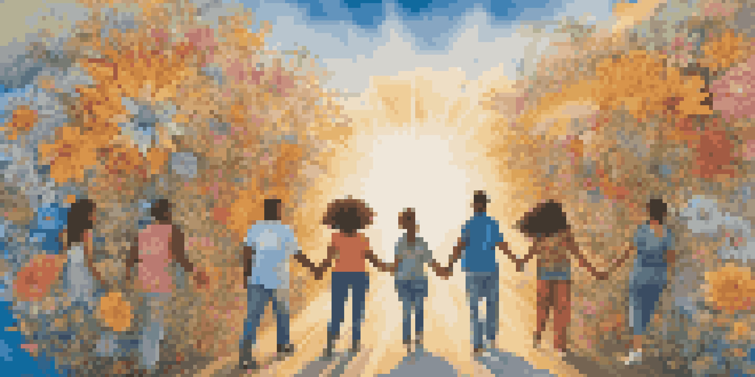 A colorful street mural showing a diverse group of activists holding hands, illuminated by golden sunlight with a clear blue sky in the background.