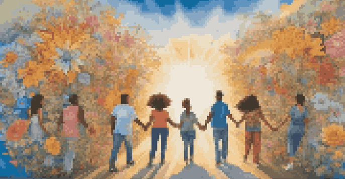 A colorful street mural showing a diverse group of activists holding hands, illuminated by golden sunlight with a clear blue sky in the background.