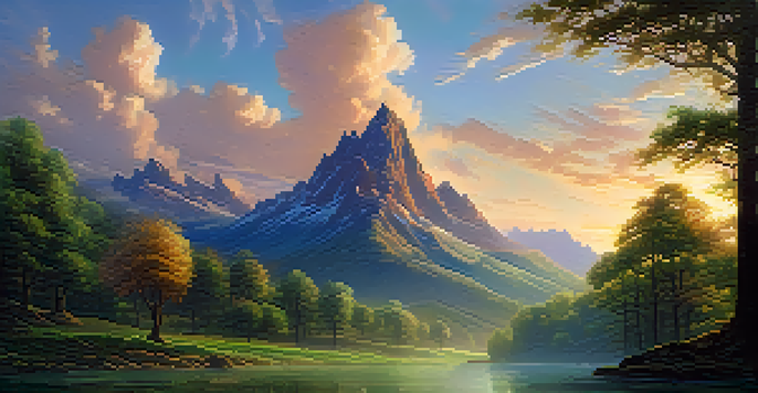 A tranquil mythical forest with golden sunlight, towering ancient trees, a flowing stream, and blooming flowers.