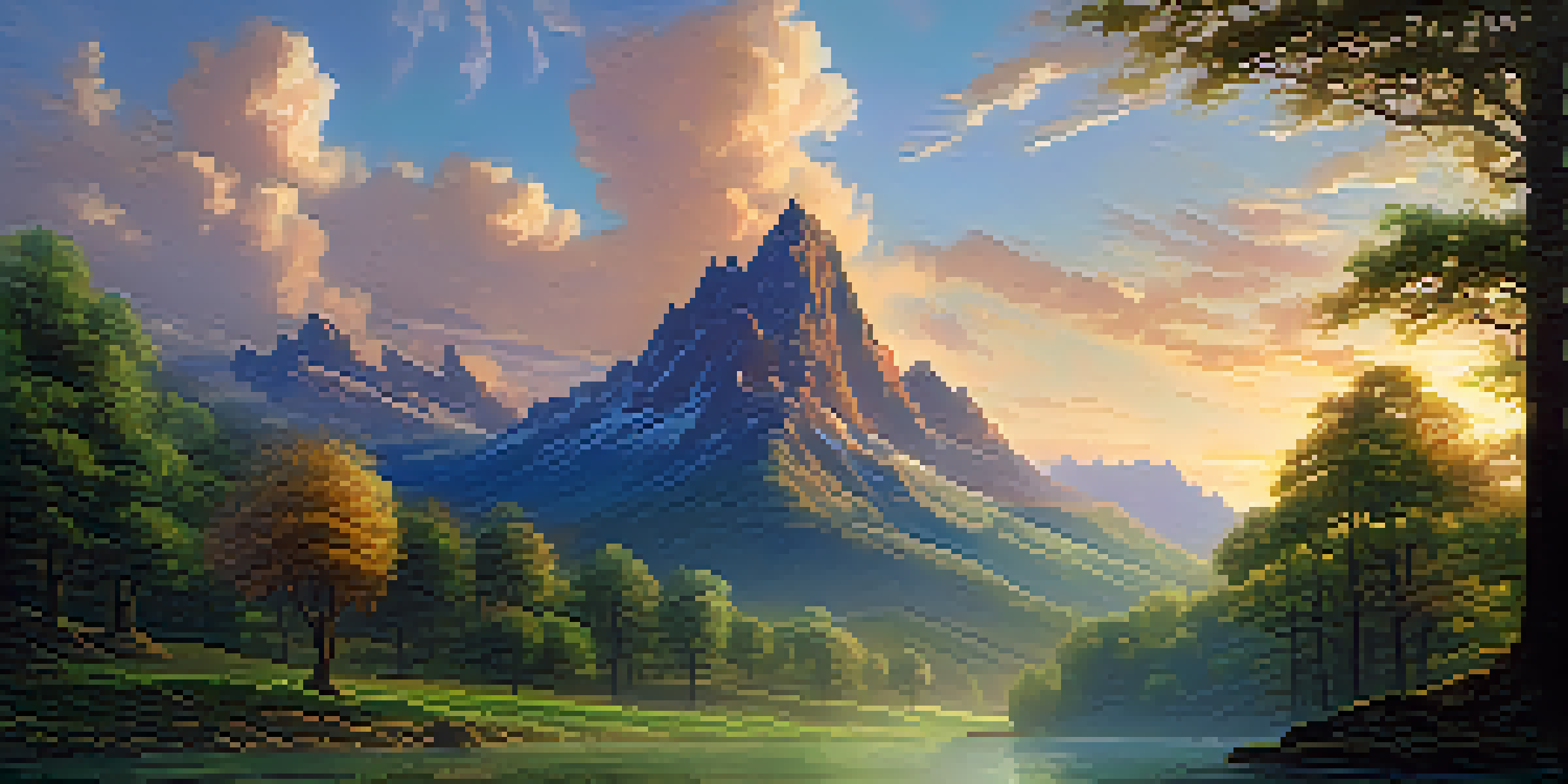 A tranquil mythical forest with golden sunlight, towering ancient trees, a flowing stream, and blooming flowers.