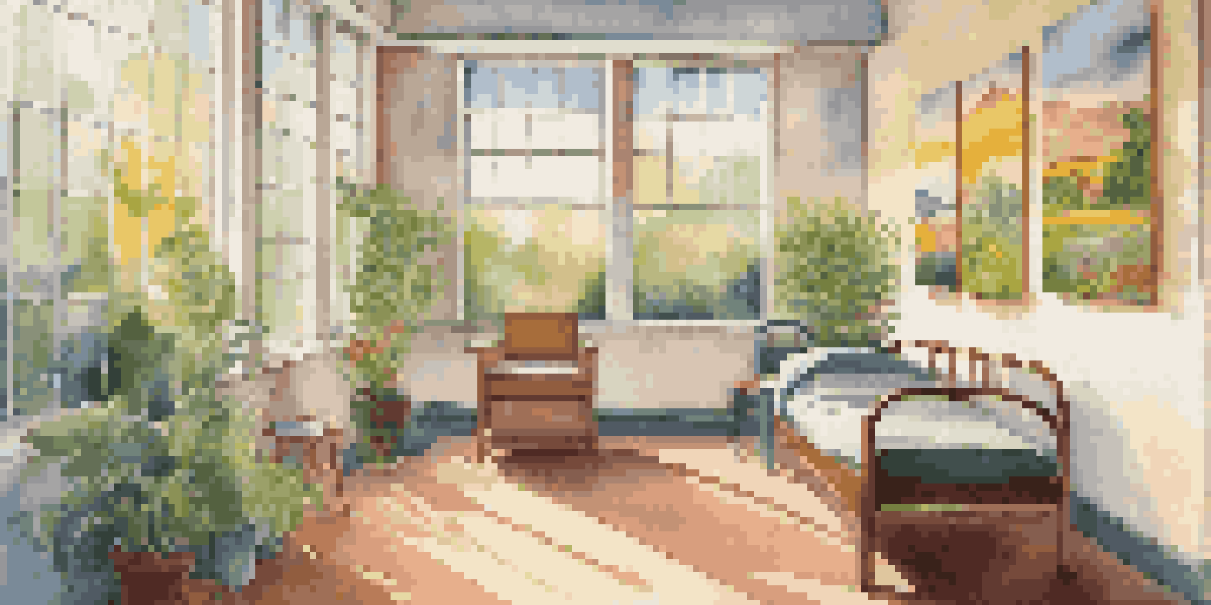 A bright hospital room with colorful artwork, a patient creating art, and sunlight filtering in through a window.