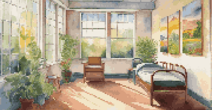 A bright hospital room with colorful artwork, a patient creating art, and sunlight filtering in through a window.