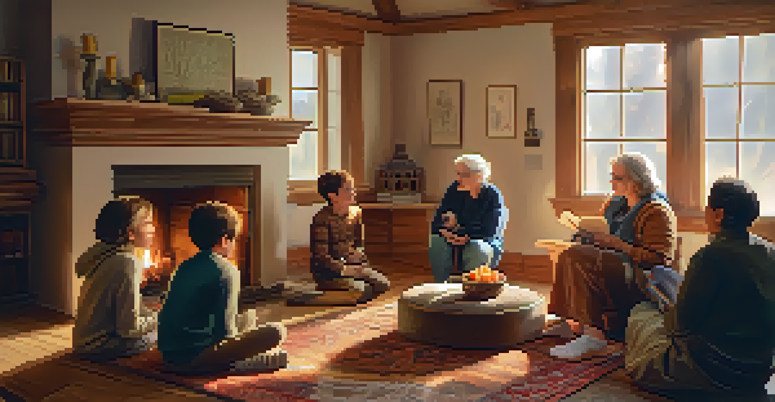 A storyteller engaging an audience in a cozy room, illuminated by warm light from a fireplace.