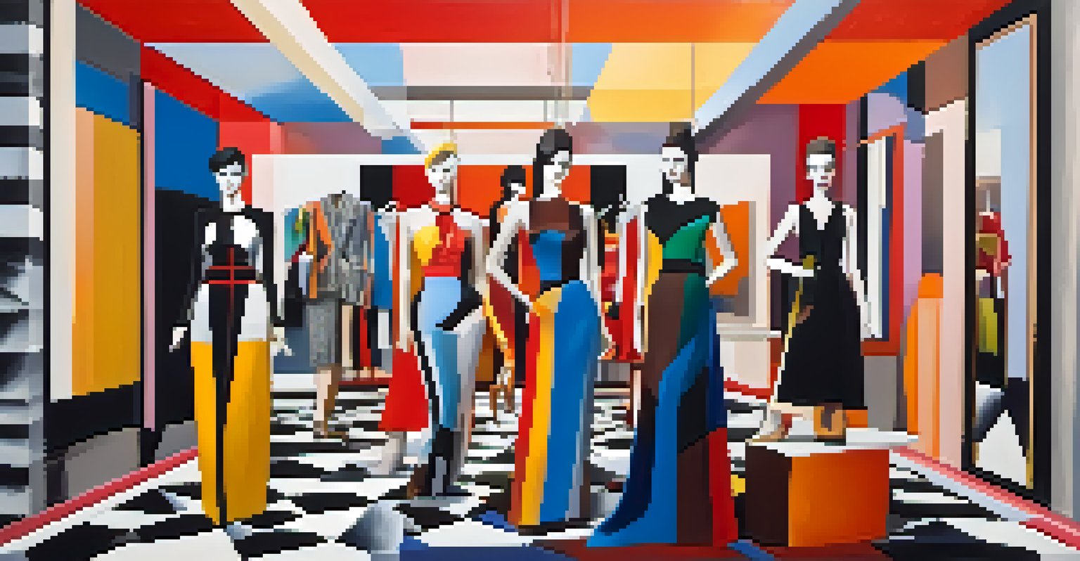 Models wearing Cubism-inspired fashion in a gallery setting, surrounded by abstract sculptures and dramatic lighting.