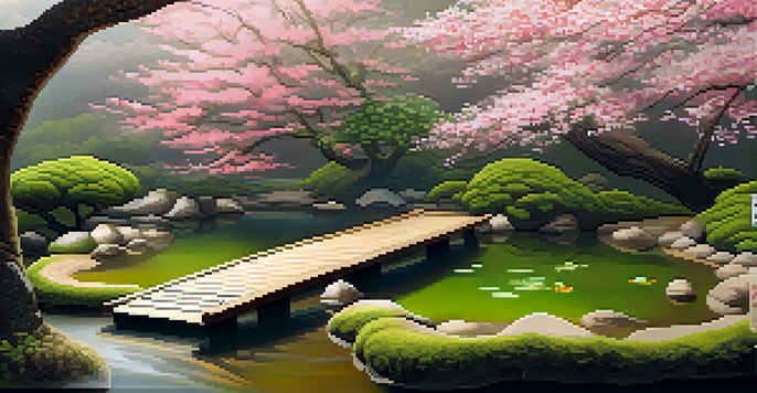 A peaceful Zen garden with raked sand, moss, koi pond, and cherry blossom trees, creating a serene atmosphere.