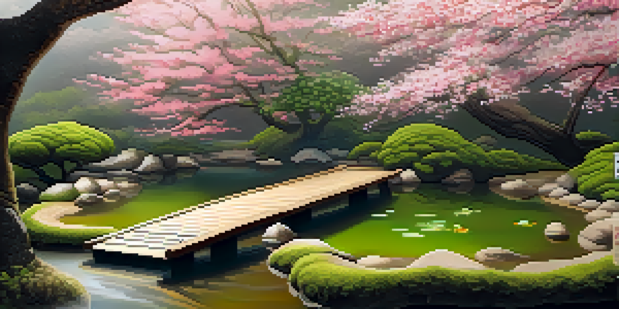 A peaceful Zen garden with raked sand, moss, koi pond, and cherry blossom trees, creating a serene atmosphere.