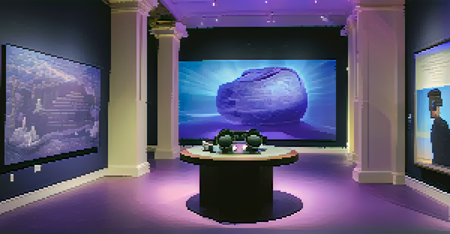 A digital art installation with a virtual reality headset in a dimly lit gallery, surrounded by historical artifacts, illuminated by soft blue and purple lights.