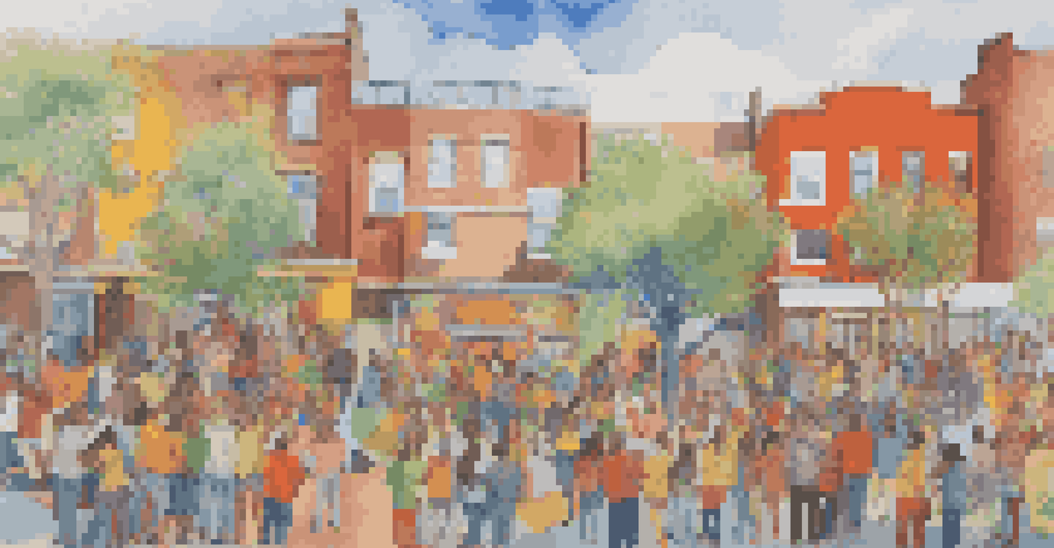A vibrant community mural being created, showing diverse artists collaborating and expressing emotions through colorful artwork.