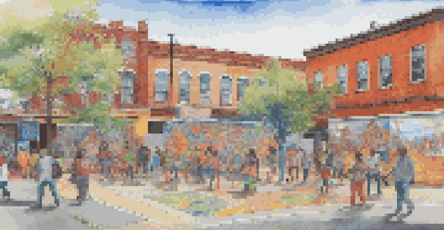 A public plaza featuring large, colorful murals created by local artists, with community members actively participating in the painting process.