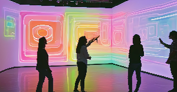 A vibrant interactive art installation with colorful projections and engaged viewers laughing in a modern gallery setting.