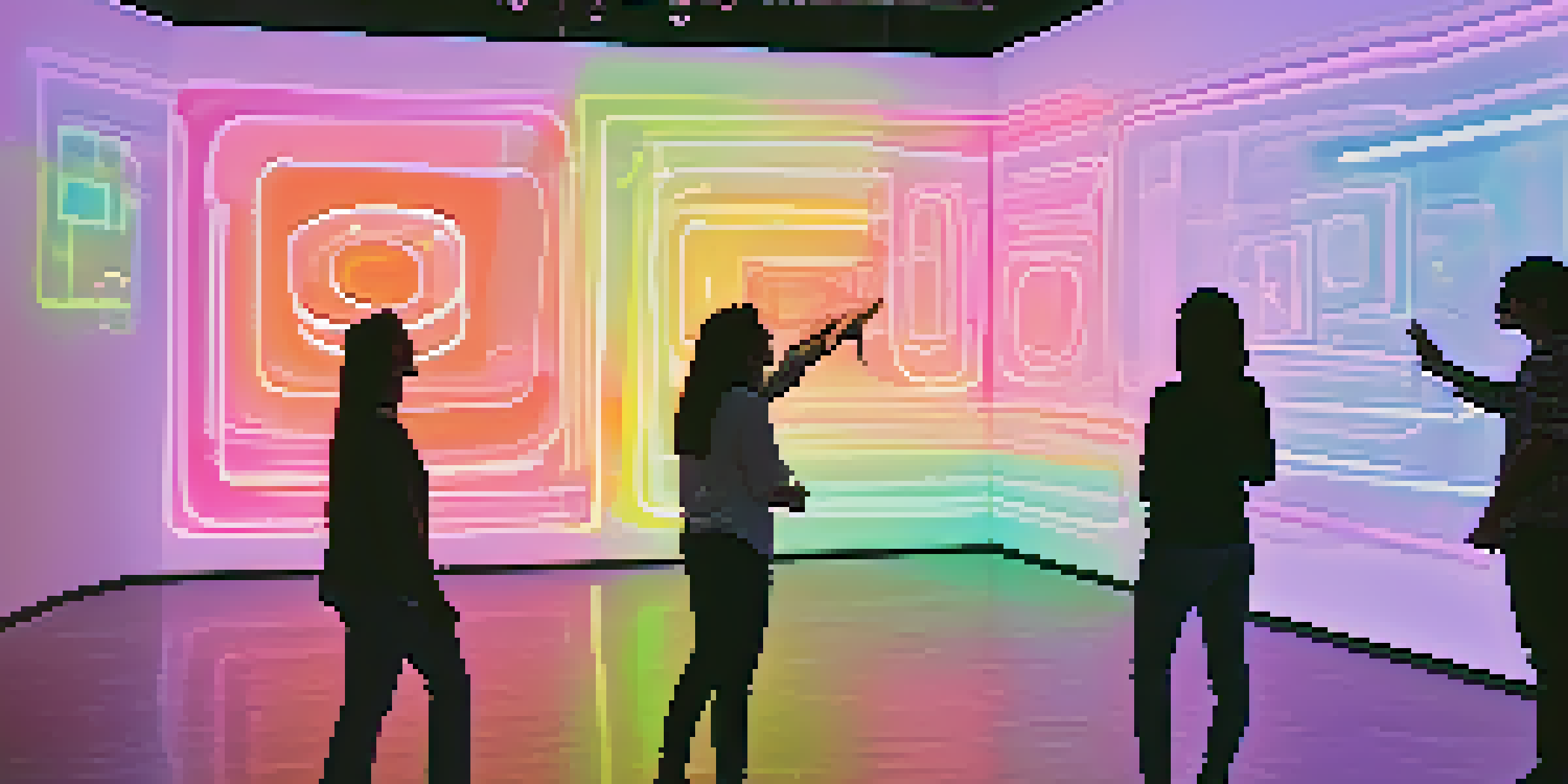 A vibrant interactive art installation with colorful projections and engaged viewers laughing in a modern gallery setting.