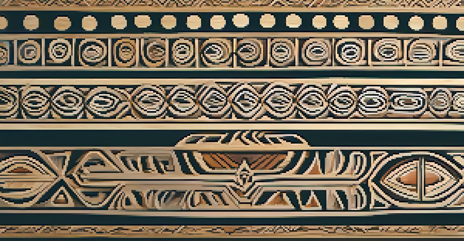An intricate close-up of Indigenous wood art, showcasing detailed symbols and the rich texture of the wood under soft lighting.
