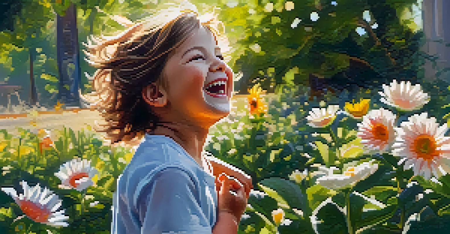 A joyful child laughing in a sunlit park, surrounded by greenery and blooming flowers.