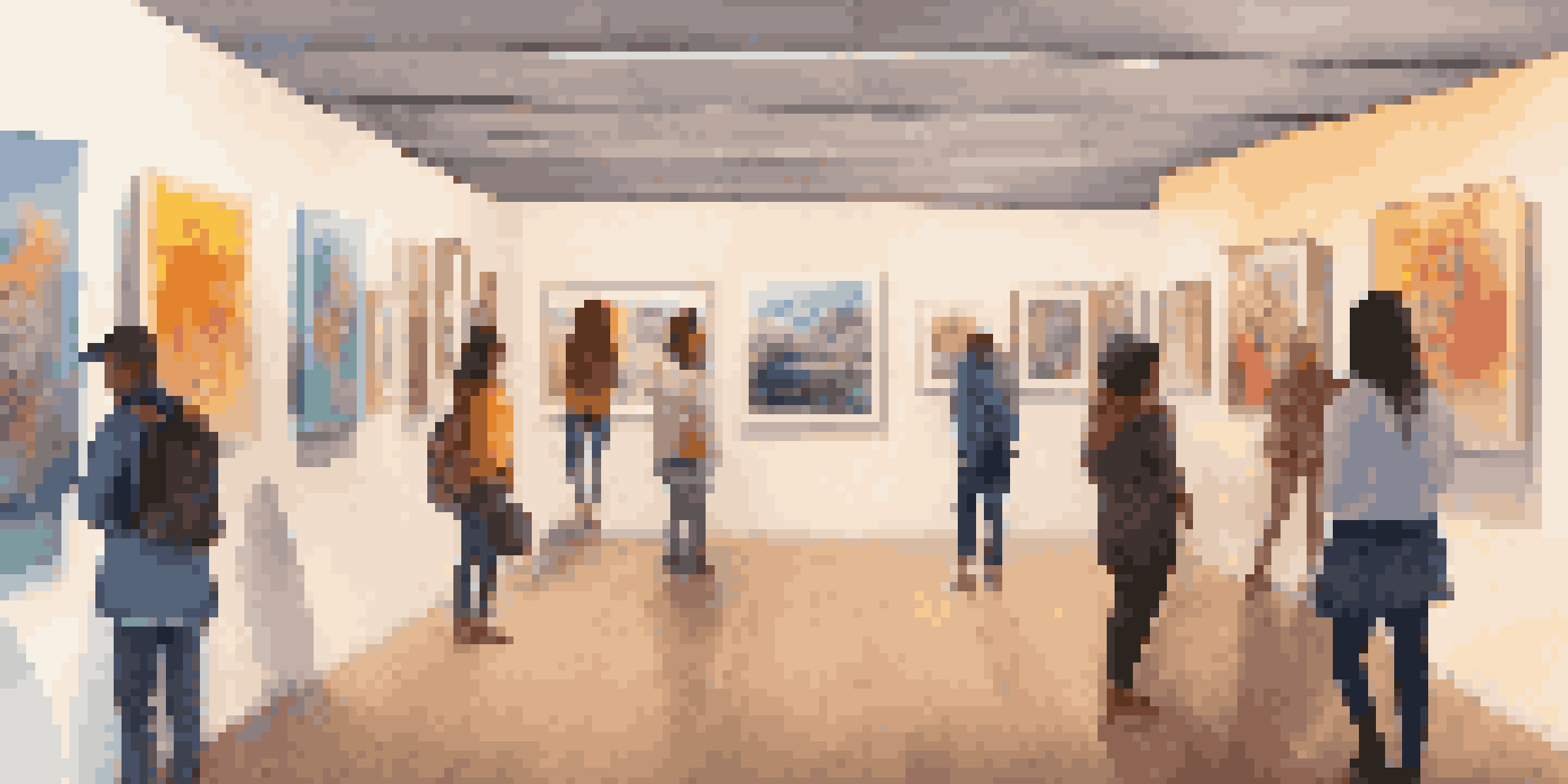 A digital art gallery featuring diverse artworks reflecting various identities, with visitors engaging with the art.