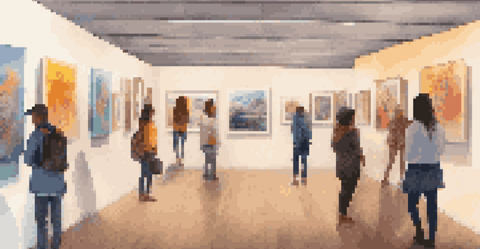 A digital art gallery featuring diverse artworks reflecting various identities, with visitors engaging with the art.