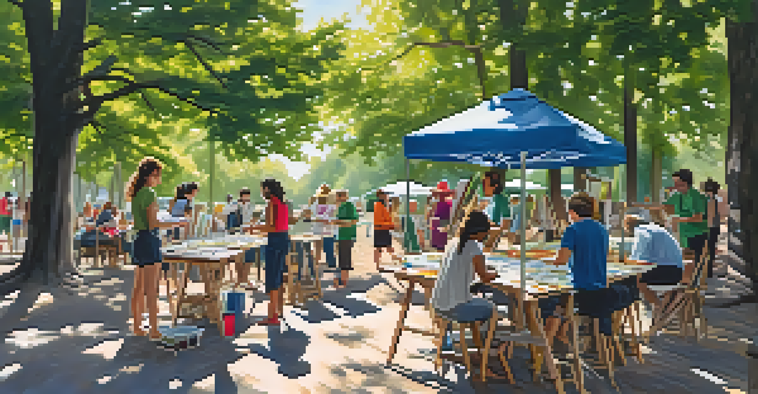 A diverse group of people painting outdoors under the shade of trees, showcasing creativity and community.