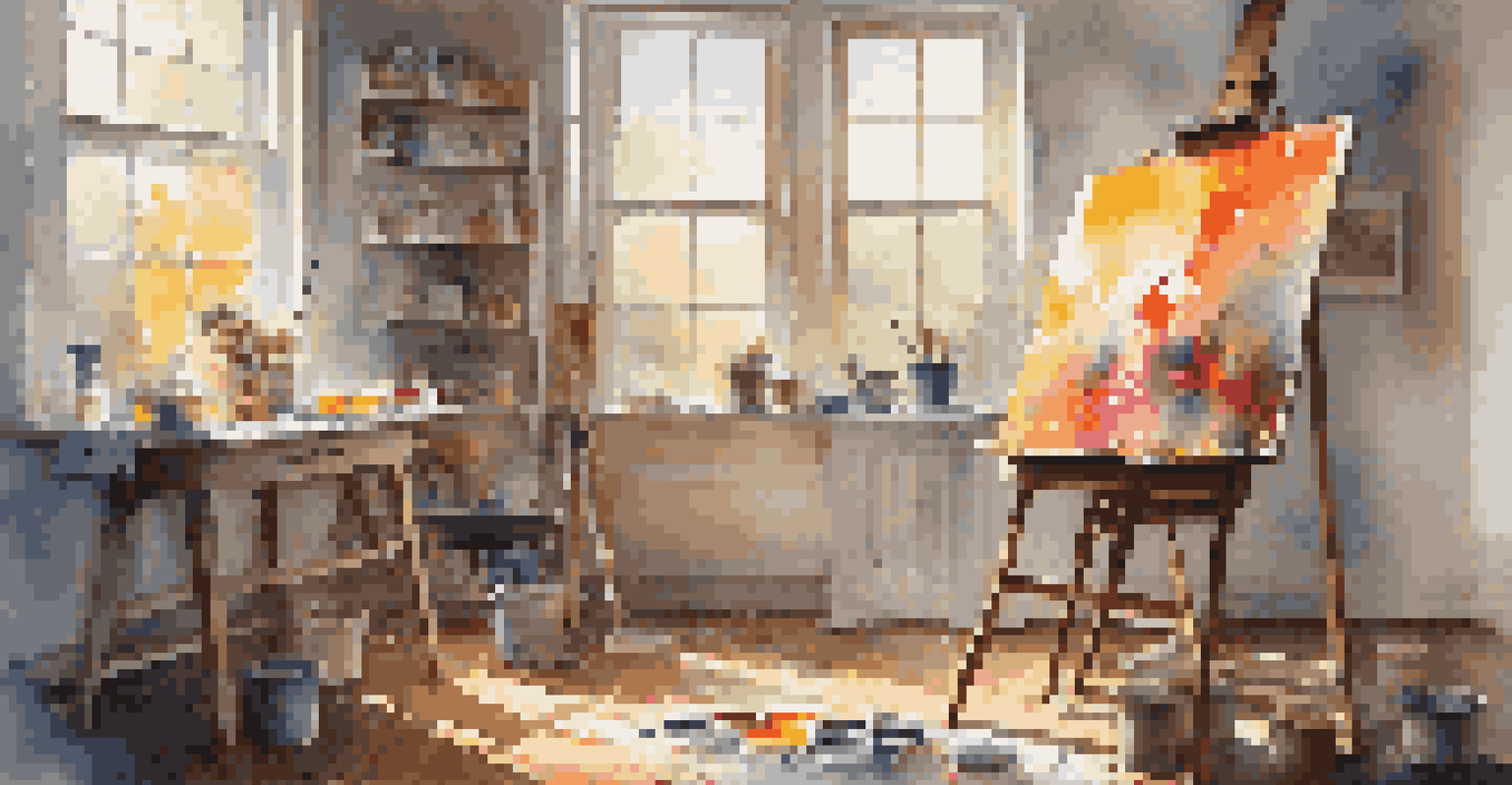 An inviting art studio with canvases and bright paint, illuminated by sunlight from a large window.