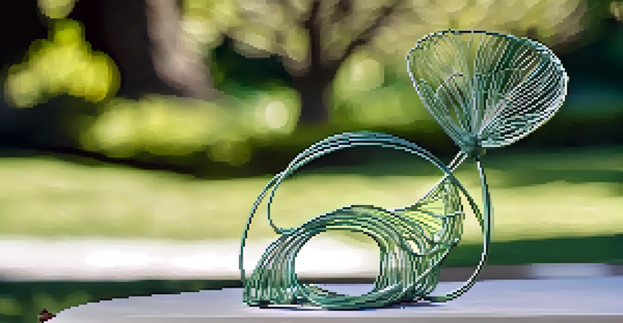 A detailed close-up of a wire sculpture representing a flower, with intricate design against a blurred green background.