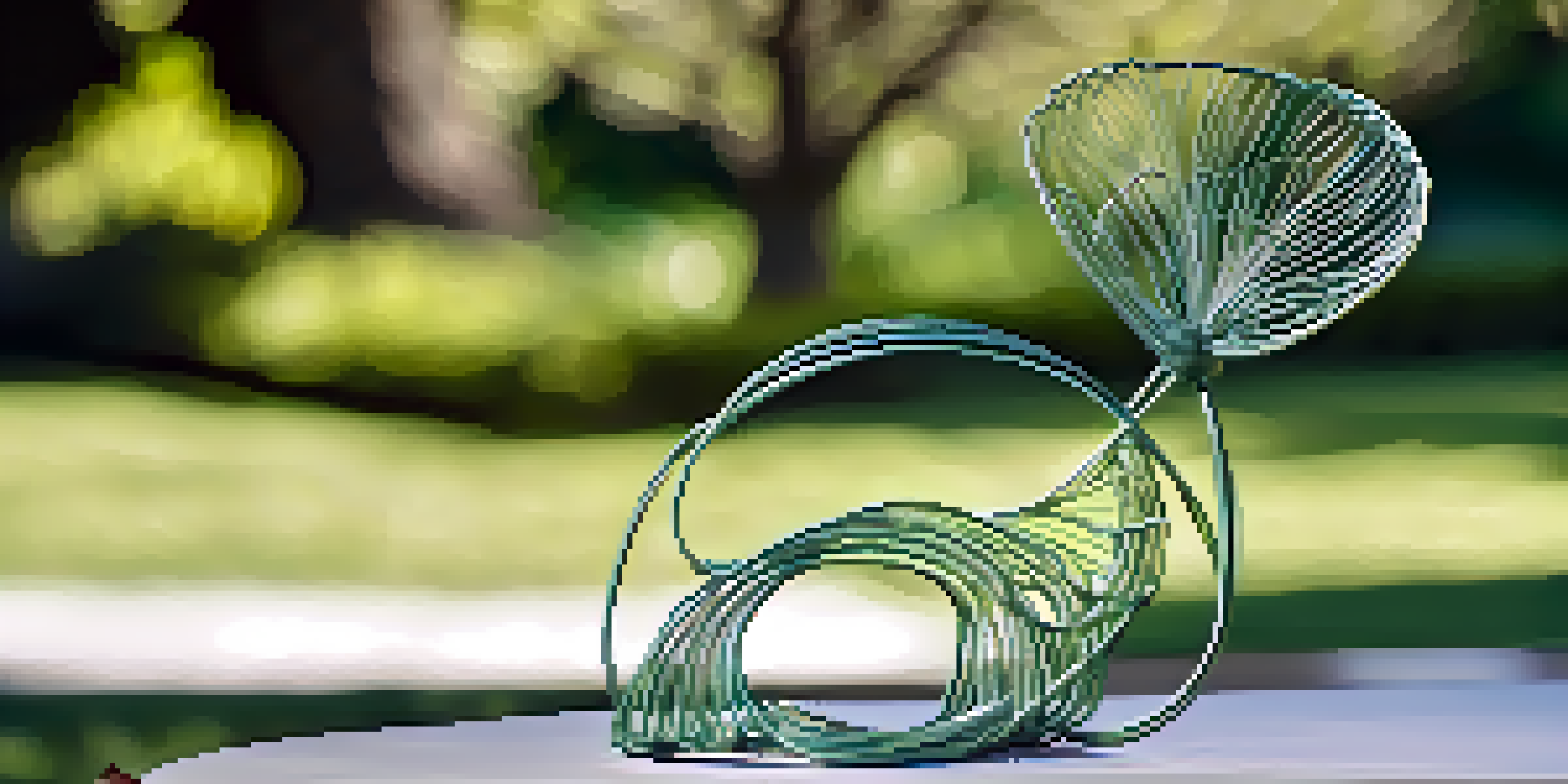 A detailed close-up of a wire sculpture representing a flower, with intricate design against a blurred green background.