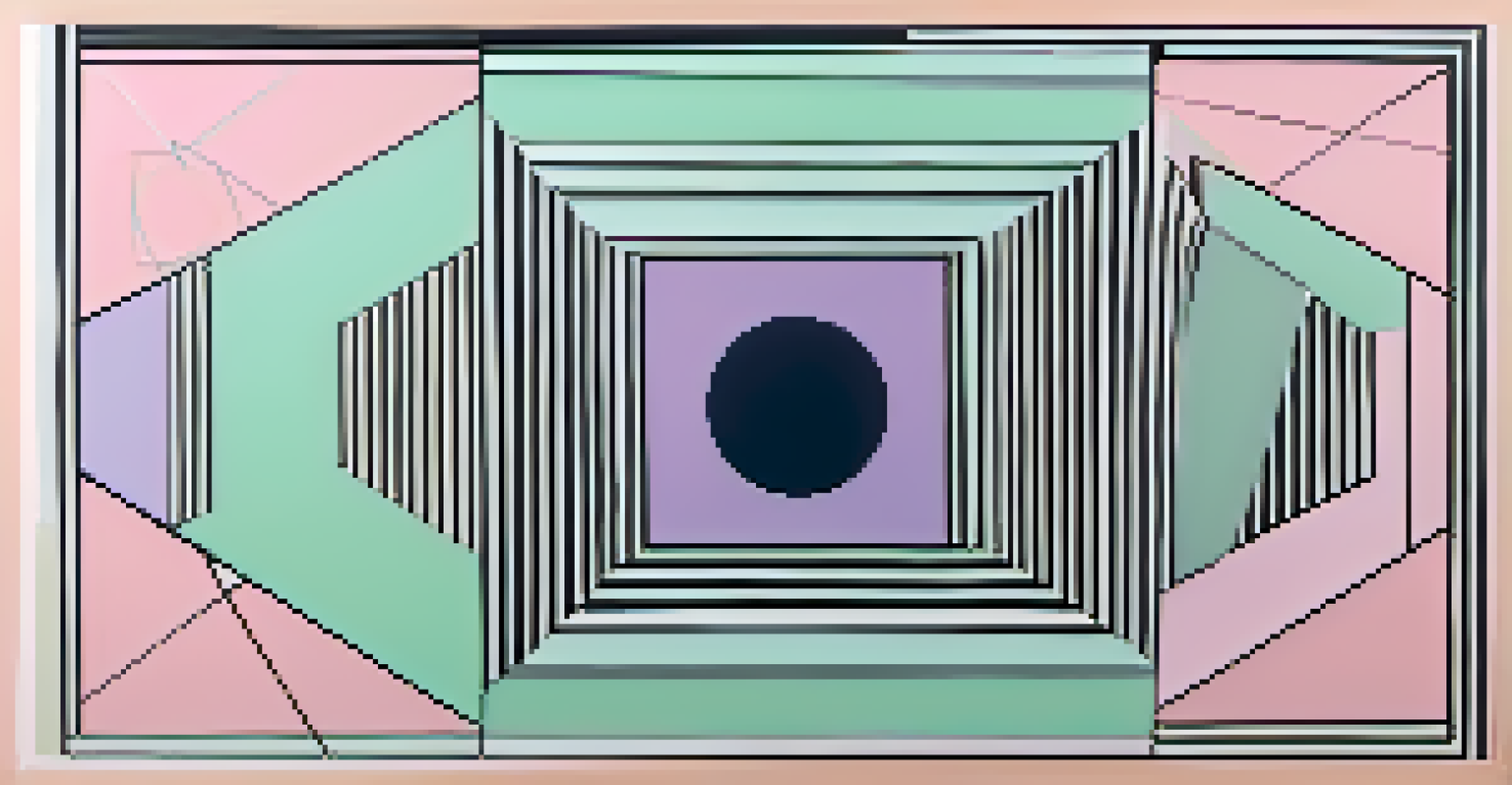 An abstract geometric design with layered triangles and circles in pastel pink, lavender, and mint green, contrasted by navy and black outlines.