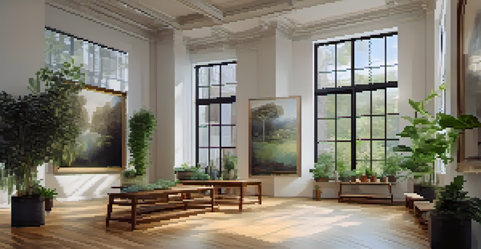 An interior view of a bright art gallery showcasing various artworks, with visitors discussing art in a cozy environment.