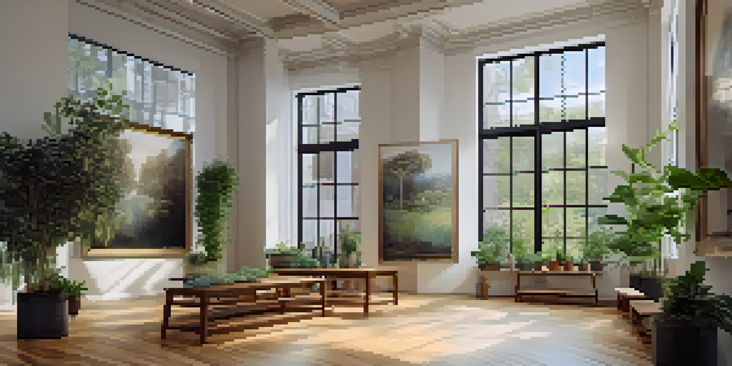 An interior view of a bright art gallery showcasing various artworks, with visitors discussing art in a cozy environment.