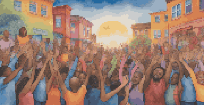 A colorful mural showing diverse people holding hands in unity during a crisis, with a bright and hopeful background.