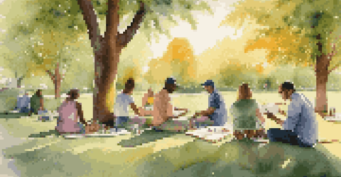 A group of diverse artists painting outdoors in a park during sunset, showcasing their unique styles and vibrant colors.