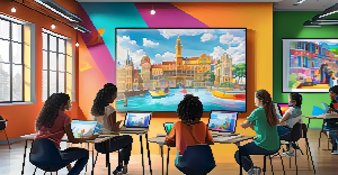 A lively virtual art classroom with diverse students working on digital art projects together, showcasing collaboration and creativity.