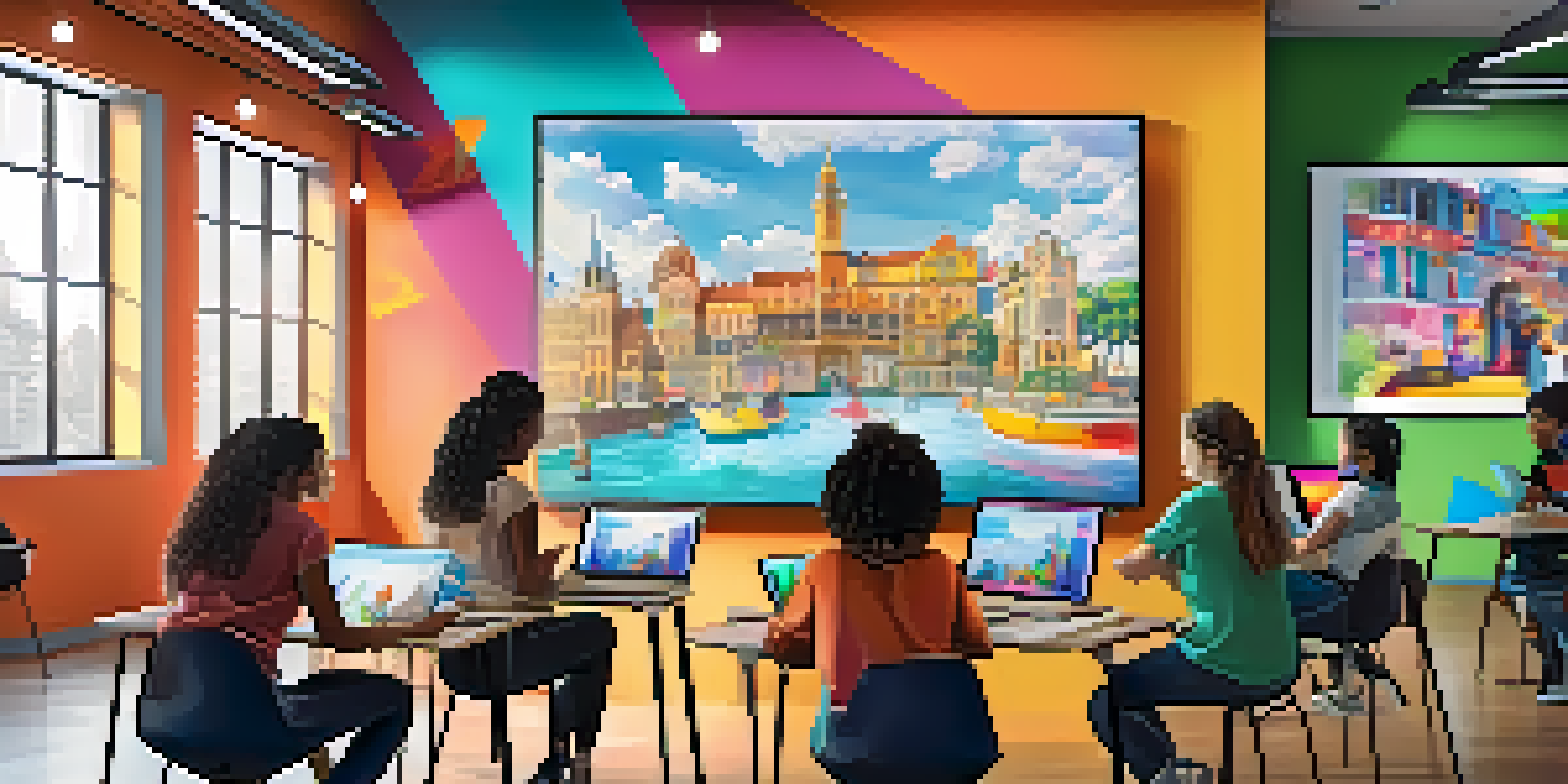 A lively virtual art classroom with diverse students working on digital art projects together, showcasing collaboration and creativity.